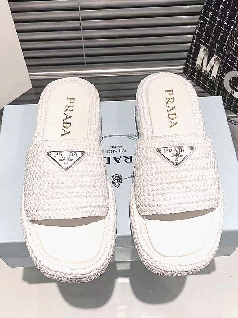 Prada Woven Raffia White Platform Sandals